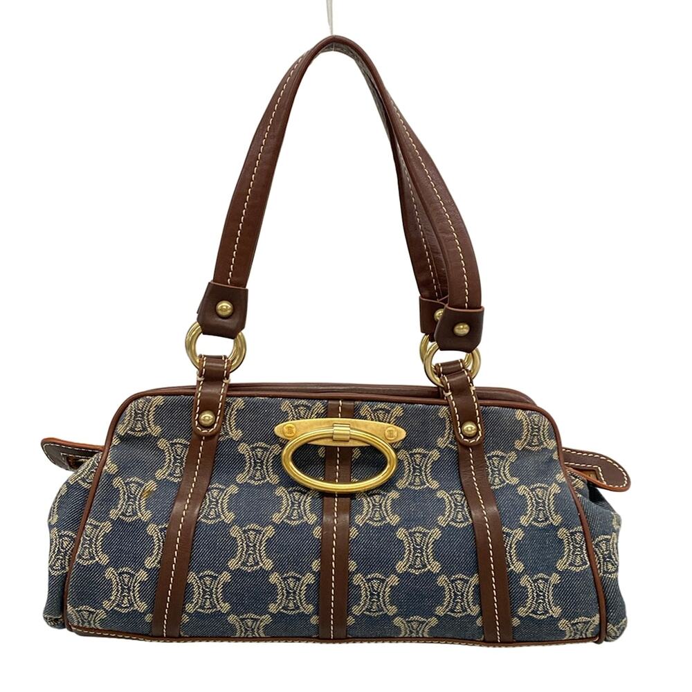 Celine Paris Macadam Handbag Navy Cream Dark Brown Denim Leather